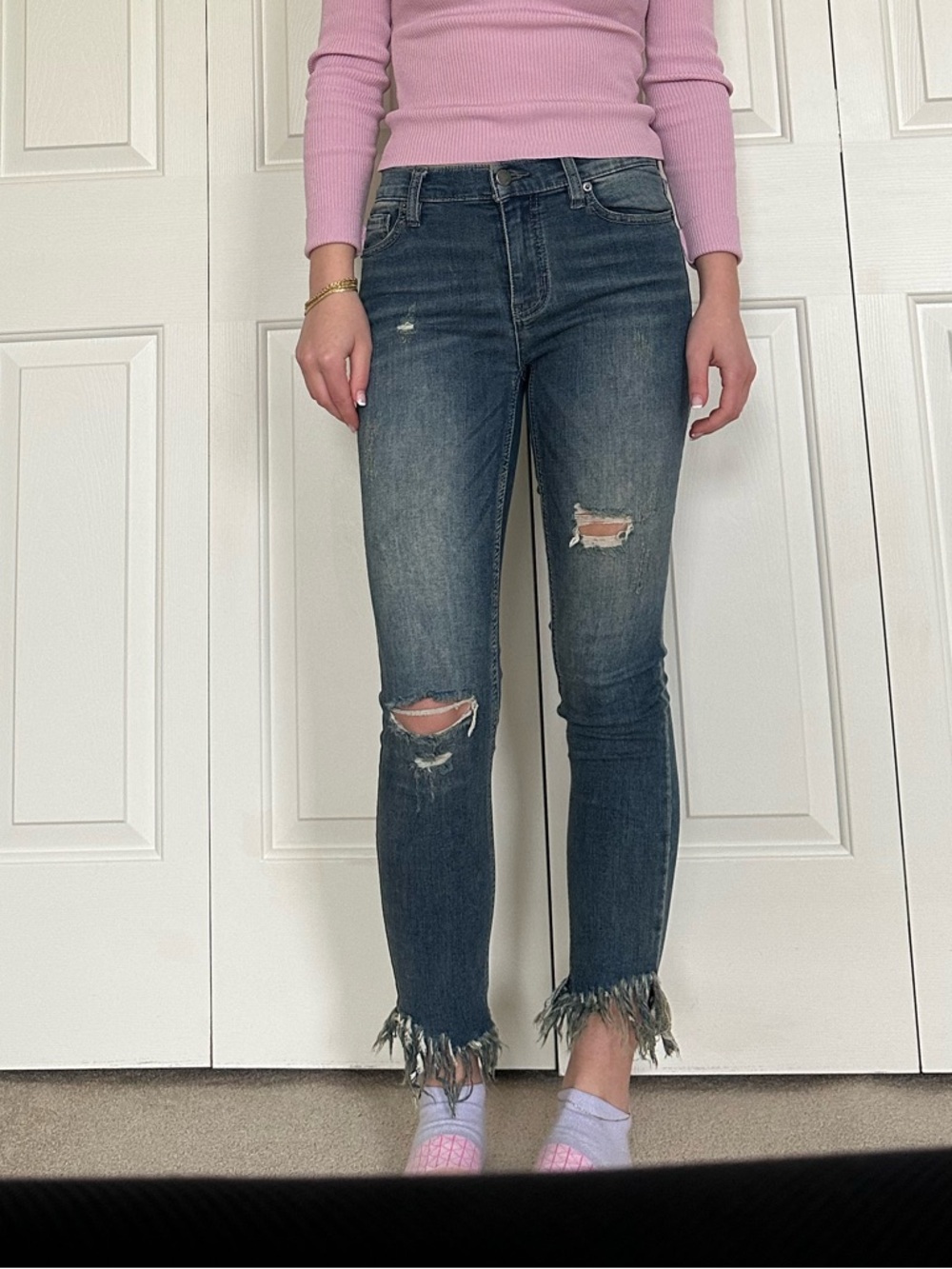 Free People Distressed Dark Wash Skinny Jeans with Frayed Hem